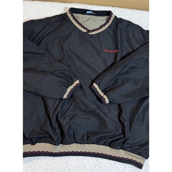 Vintage 90s Firestone Embroidered Black Windbreaker Aztec Trim Size XL - Picture 2 of 16
